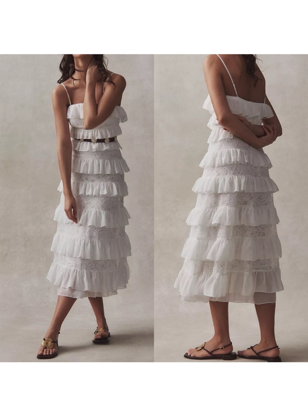 BHLDN Strapless Tiered Ruffle Lace Midi Dress Ivory Sz Large Wedding Bridal